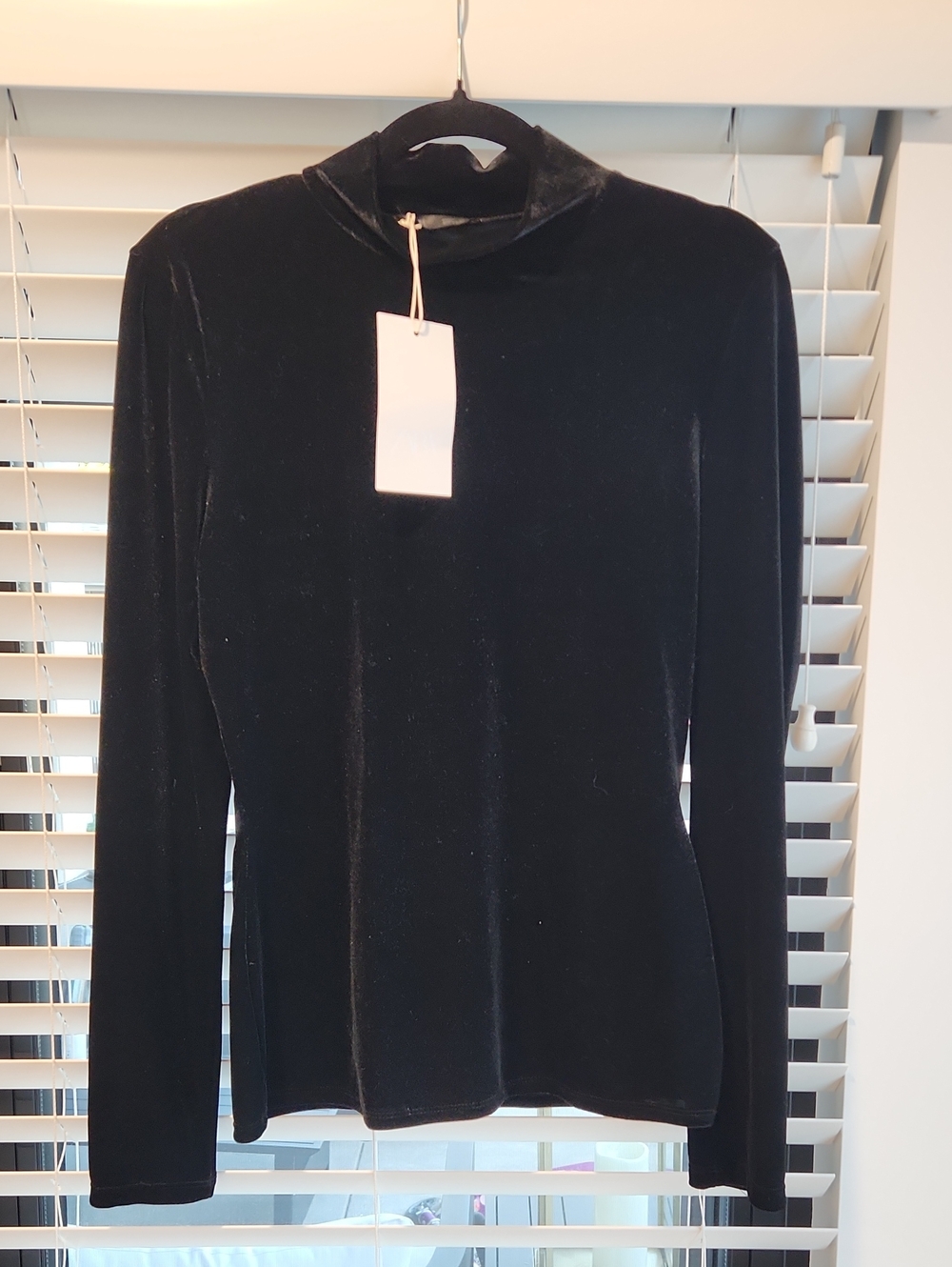 Zara Black Velvet Long-Sleeve Mock Neck Top Size L BNWT